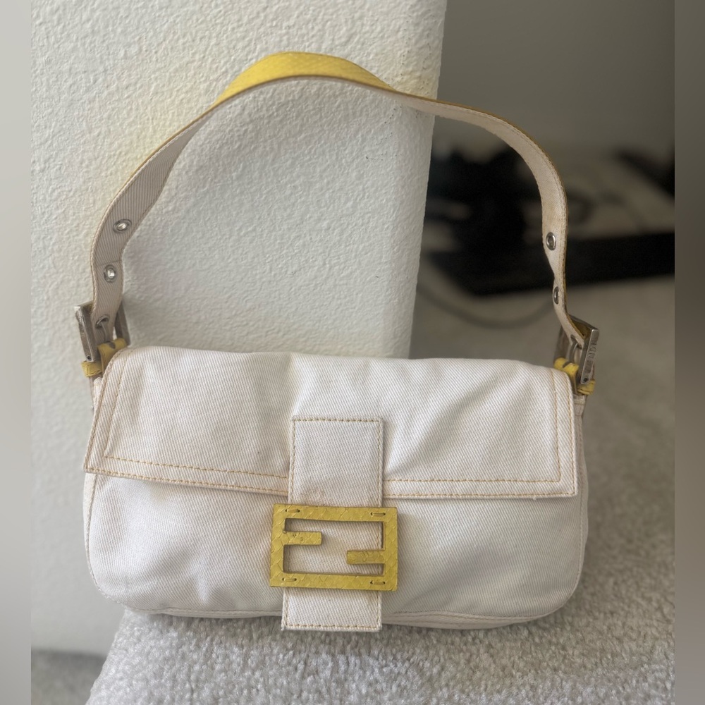 Fendi white/cream denim & yellow python baguette